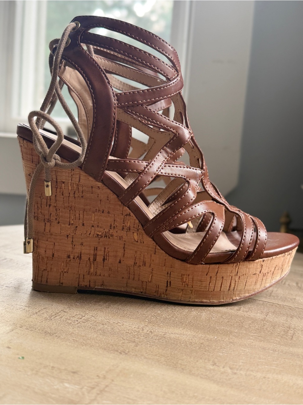 Guess Huyana Strappy Cage Cork Platform Wedge Sandals Size 6.5